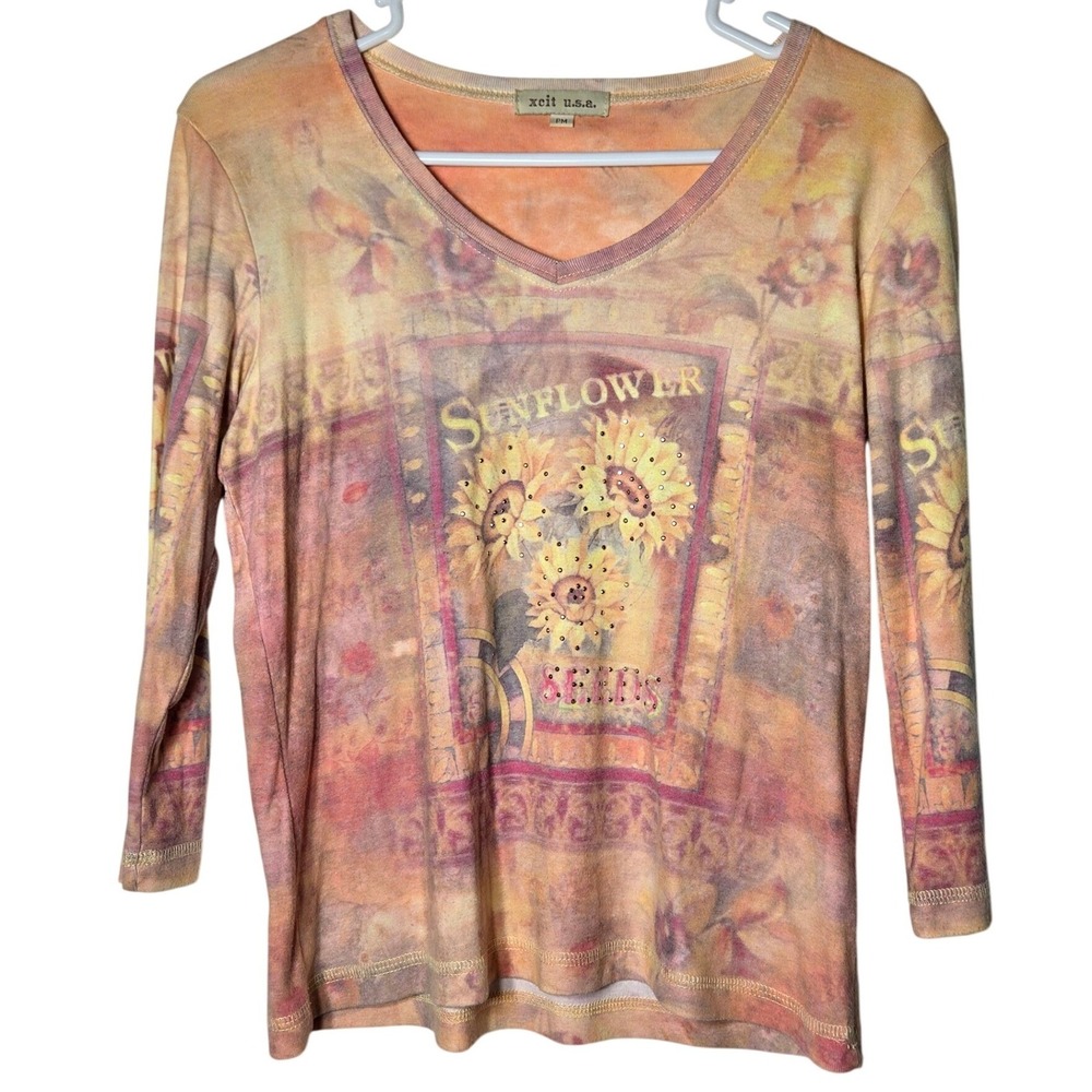 Xcit USA Sunflower Seeds Graphic V-Neck Top Petite Medium PM Hippie Y2K Boho